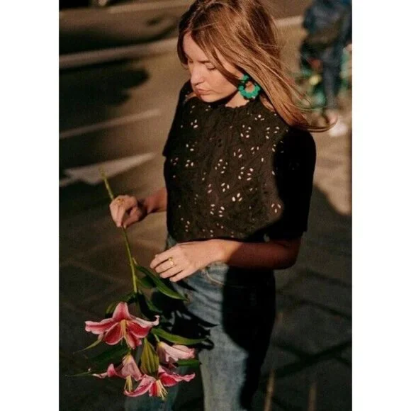 NWT Sezane Louisah Blouse in Noir Black Sheer Eyelet Ruffle Neck Top 46 US 14 - Picture 10 of 10